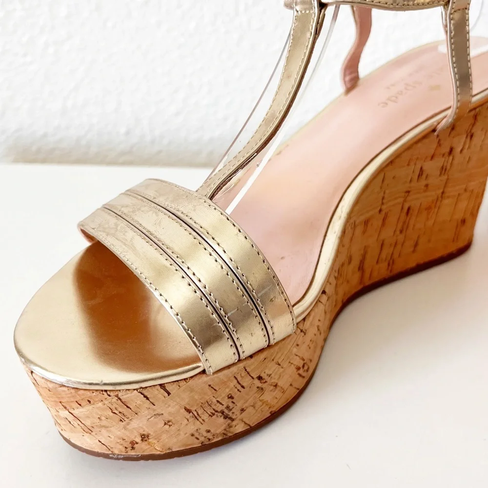 Kate Spade Tallin Metallic Gold Cork Wedges Size 7.5